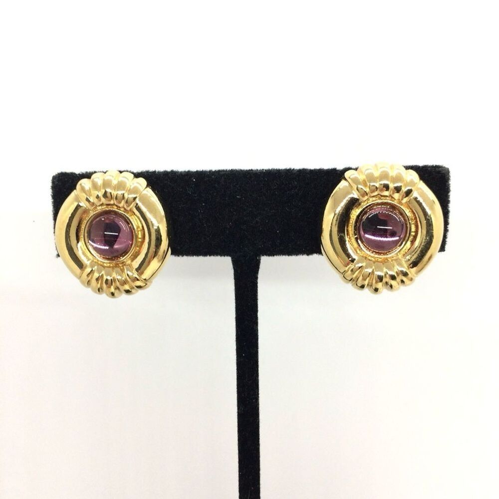 Vintage Monet Earrings Gold Tone Purple Glass Cabochon Round Clip On
